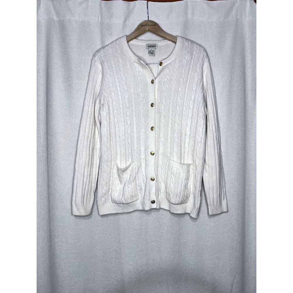 Vintage 90s Classic Elements Cream White Cableknit Cardigan Sweater‎